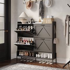 a shoe rack with shoes hanging on the wall