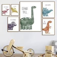 three children's art prints with dinosaurs on them