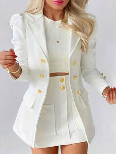 Blazer And Skirt Set, Princess Sleeves, Long Sleeve Outfits, Button Skirt, Blazer And Skirt, Blazer Set, Turndown Collar, Long Sleeve Blazers, Daily Dress