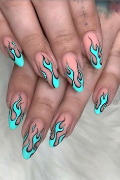 Shark Nail Art, Flame Nails, Hard Gel Nails, Squoval Nails, February Nails, Gelish Nails, Nail Art Designs Summer, Blue Nail Designs, Metallic Nails