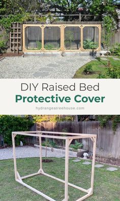 the diy raised bed protective cover is shown in front of a backyard garden area