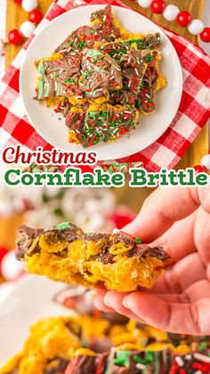 This recipe for cornflake brittle is dressed up for Christmas with red and green swirls and sprinkles in the chocolate layer. It is super simple to make, has a wonderful crunch, and tastes amazing. This is the perfect addition to your holiday treat menu.