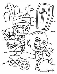 halloween coloring pages for kids with cartoon characters and pumpkins on the ground in front of them