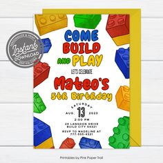 a birthday party card with legos on it and the words, come build and play let's celebrate mateo's 6th birthday