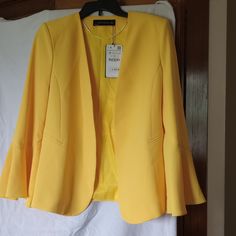 Sunny Fun Yellow Bell Blazer! Elegant Yellow Spring Outerwear, Zara Yellow Outerwear For Work, Luxury Yellow Blazer For Semi-formal Occasions, Trendy Long Sleeve Yellow Blazer, Luxury Yellow Semi-formal Blazer, Classic Single-breasted Yellow Blazer, Yellow Single-breasted Long Sleeve Blazer, Tuxedo Blazer, Open Front Blazer