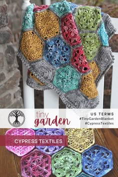 the cover of tiny garden crochet patterns is shown on a chair with an afghan