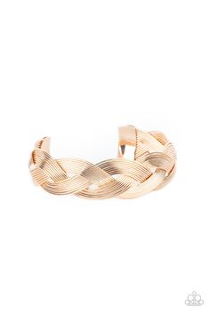 Attached to two glistening gold fittings, rows of dainty gold wire weave around the wrist, creating a boldly braided cuff.

 Sold as one individual bracelet. Wire Cuff, Photo Editing Services, Gold Cuffs, Wire Weaving, Paparazzi Accessories, Paparazzi Jewelry, Gold Wire, Accessories Bracelets, Earring Necklace