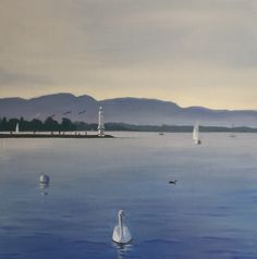 a painting of swans in the water with sailboats and lighthouses behind them on a cloudy day