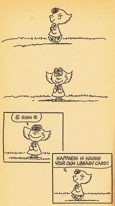 an old book page with cartoon characters and words on it, including the title'happiness is having your own library card '