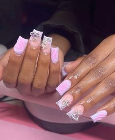 Nail Inspo Bday, 13 Birthday Nail Ideas, Bestie Nail Ideas, Purple Junk Nails, Short Pink Nail Designs, Birthday Nails Blue, Light Pink Nail Ideas, Pink And Black Nail Designs, Birthday Nail Designs