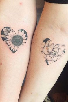 two people with matching tattoos on their arms, one has a sunflower and the other has a heart