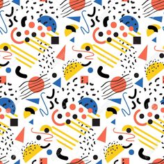 an abstract pattern with geometric shapes and colors on white background, suitable for wallpaper or fabric