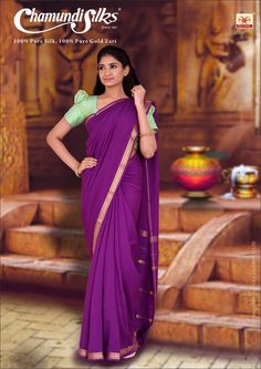 The magnificent purple silk wraps you in rich royalty! Sari Designs, Kanchi Saree, Sari Design, Purple Saree, Pattu Saree, Blouse Work