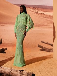 Fitted strapless Water green dress in tulle with movements of circular gold embroideries patterns and contrasted with a short tulle cape.

#TonyWard #FW24 #RTW #FallWinter #SafariSunset Tulle Cape, Couture Collection