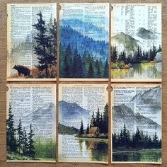 four pieces of paper with trees, mountains and water on them are arranged in the shape of an open book