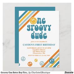 a birthday party card with the words one grooy dude in blue and orange