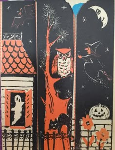 an image of halloween scene with owls and pumpkins on the fence in front of a house