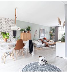 a cat is sitting in the middle of a living room with chairs and rugs