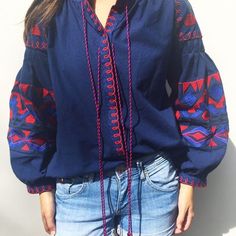 Navy And Red Embroidered Boho Blouse With Tassel Ties And Puffy Sleeves! Snaps Open And Can Be Worn As A Jacket As Well! New With Tags! Red Long Sleeve Cotton Embroidered Top, Red Embroidered Long Sleeve Top For Fall, Red Embroidered Long Sleeve Shirt, Multicolor Embroidered Fall Peasant Top, Folk Style Fitted Embroidered Top With Long Sleeves, Fall Peasant Top With Multicolor Embroidery, Folk-style Fitted Embroidered Top With Long Sleeves, Embroidered Long Sleeve Red Top, Red Embroidered Folk Blouse