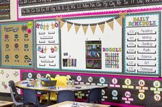 a classroom with desks and chairs in front of a bulletin board on the wall