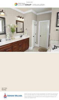 a bathroom with gray walls and white trim