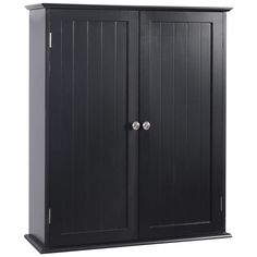 a black cabinet with two doors and knobs