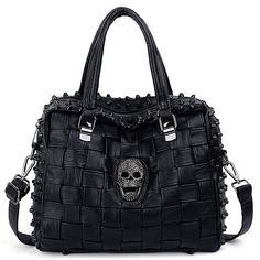 Black Rock Skull Tote Bag Rivet Studded Braided Design Handbag Smooth Pu Leather Purse Shoulder Bag. Smooth Synthetic Leather. Tungsten Steel Color Hardware. Detailed Streamlined Stiching. Full-Lined Skull Pattern Lining. Black Skull-shaped Bag For Halloween, Black Skull Bag For Halloween, Fancy Handbags, New Goth, Goth Purse, Skull Tote Bag, Skull Handbags, Skull Purse, Edgy Jewelry