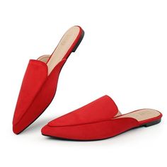 Made of rubber sole, synthetic leather, suede and polyester upper matterial, the flat mules is very comfortable to wear.Slip-on and backless design for easy on and off, suitable for multiple occasions, such as working, dating, party, shopping, daily wear, etc. Size: 8.  Color: Red.  Gender: female.  Age Group: adult. Casual Flat Slip-ons For Office, Flat Suede Slip-ons With Rubber Sole, Summer Suede Flat Slip-ons, Casual Slip-on Slippers With Pointed Toe, Flat Mules For Office, Fall Synthetic Flat Mules, Fall Season Flat Synthetic Mules, Casual Slip-on Pointed Toe Flats With Rubber Sole, Suede Slip-on Pointed Toe Flats For Spring