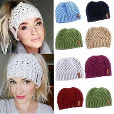 women's knitted beanie hat with button closures and buttons in multiple colors