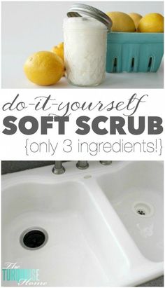 two pictures with lemons and salt in them, the words do it yourself soft scrub only 3 ingredients