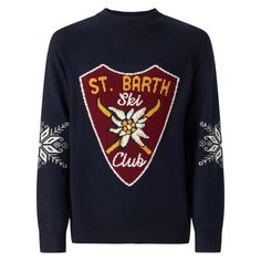 Half-turtleneck sweaterSt. Barth Ski club print on the frontNavy blue solid colorNorwegian pattern on sleevesRegular fitComposition:Blended cashmere Ski Club, Navy Blue Sweater, Cashmere Color, Davos, Saint Barth, Prada Leather, Blue Solid, Blue Sweater, Gorgeous Bags