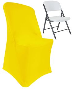 two folding chairs with yellow covers and one white chair next to each other on a white background