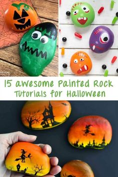 some painted rocks with halloween decorations on them