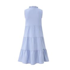 Introduce a touch of whimsical charm to your little girl's wardrobe with the KOJOOIN Girls' Sleeveless Tiered Dress. This delightful swing midi dress is designed with a ruffle mock neck and a playful tie front, creating an enchanting A-line silhouette that's perfect for any playful or formal gathering.

- **Age Group:** Suitable for 5-6 years
- **Color:** Available in a serene Light Blue
- **Material:** Crafted from a soft blend of 95% polyester and 5% spandex for comfort and ease of movement
- Blue Sleeveless Dress For Beach, Spring Blue Sleeveless Dress With Ruffle Hem, Blue Knee-length Ruffled Sleeveless Dress, Blue Cotton Ruffle Dress For Summer, Light Blue Sleeveless Ruffle Dress For Spring, Spring Light Blue Sleeveless Dress With Ruffles, Blue Tiered Sleeveless Dress With Ruffles, Beach Sleeveless Dress With Ruffles In Light Blue, Light Blue Sleeveless Dress With Ruffles For Beach