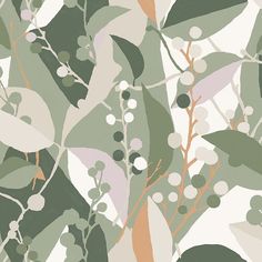 an image of leaves and berries on a wallpaper pattern that looks like it has been painted