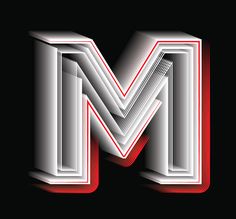 the letter m is made up of white and red lines on a black background,