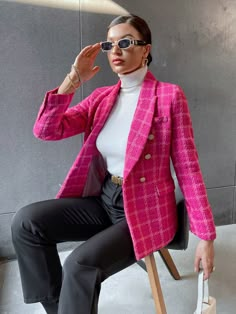 Hot Pink Elegant  Long Sleeve Tweed Plaid Regular  Non-Stretch Fall/Winter Women Outerwear Pink Tweed Blazer Outfit Women, Tweed Blazer Outfit Women Classy, Hot Pink Coat Outfit, Blazer Tweed Outfit, Pink Blazer Outfits For Women, Plaid Blazer Outfit Women