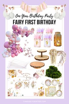 Mood board showing decoration ideas for a Fairy First themed first birthday party. Magical Garden Birthday Theme, Fairy Princess 1st Birthday Party, Fairy Garden Theme Birthday, You Are Magic Birthday Party, Magic One Birthday, 1st Fairy Birthday Party, Fairy First Bday Party, Woodland Fairy First Birthday Party, My Fairy First Birthday Theme