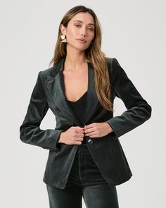 Our ultra-chic Chelsee Blazer gets an elevated update in luxuriously soft velvet with just the right amount of stretch. This luxe blazer comes in a dark spruce green and has a relaxed shape with a slight nip in the waist, a notch-collar, double buttons and welt pockets. | Chelsee Blazer - Dark Spruce Velvet | Size Medium Notched Collar, Soft Velvet, Welt Pocket, Jackets & Coats, Velvet, Collar, Blazer, Clothes For Women, Clothes