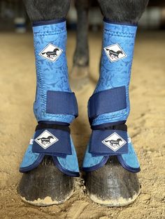 the legs and feet of a horse wearing blue boots with black trims on them