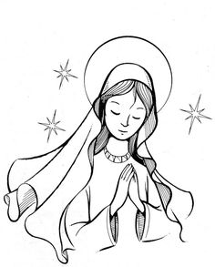 a black and white drawing of the virgin mary