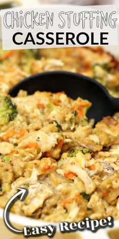 chicken stuffing casserole in a black skillet with the words easy recipe below it