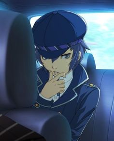 an anime character sitting in the back seat of a car with his hand on his chin