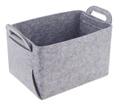 a gray felt storage bin with handles on the front and bottom, open to reveal an inner compartment