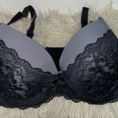 Never Worn Underwire Bra By Paramour. Has Black Lace Halfway Up Each Cup And Black Bow In Center. Gray Underwire Bra With Padded Cups, Fitted Gray Bra With Medium Bust Support, Fitted Gray Push-up Bra, Gray Fitted Push-up Bra, Black Underwire Bra With Lace Trim, Elegant Gray Underwire Bra, Elegant Fitted Gray Bra, Lace Underwire, Black Bow