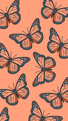 an orange and blue background with many butterflies