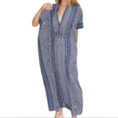 Perfect As A Swim Cover Up Or Just Lounging Around! Brand New And Never Worn. Generous, Flowy Fit Patterned Short Sleeve Beach Dress, Patterned Long Maxi Dress For Vacation, Patterned Maxi Dress For The Beach, Patterned Long Maxi Dress For The Beach, White Printed V-neck Kaftan, Patterned Tunic Maxi Dress For Vacation, Blue V-neck Kaftan For Beach Season, Patterned Short Sleeve Maxi Dress For Vacation, Blue Printed Long Maxi Dress