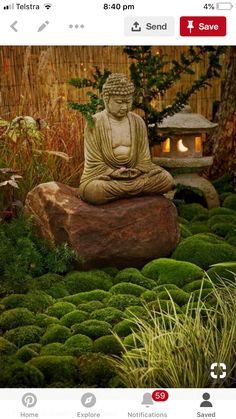 a buddha statue sitting on top of a moss covered rock