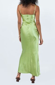 Vibrant floral lace decorates the underwire cups and shoulder straps of this lustrous satin maxi that's a romantic date-night look. Hidden back-zip closure Sweetheart neck Adjustable straps Partially lined 100% polyester Hand wash, line dry Imported Cocktail Dress Summer, Bodycon Long Dress, Spaghetti Strap Maxi Dress, Long Bodycon Dress, Green Maxi, Dress Flower, Stretchy Dress, Satin Maxi, Satin Maxi Dress