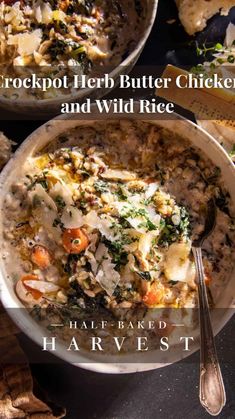 crockpot herb butter chicken and wild rice is shown in two bowls with spoons